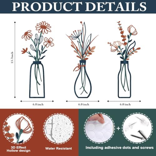 Pigort 3 Pieces Metal Flowers Wall Arts - Rustic Farmhouse Decor Minimalist Flower Wall Decors for Living room Bathroom Bedroom Dining Room-Housewarming Gifts - color: Orange Blue