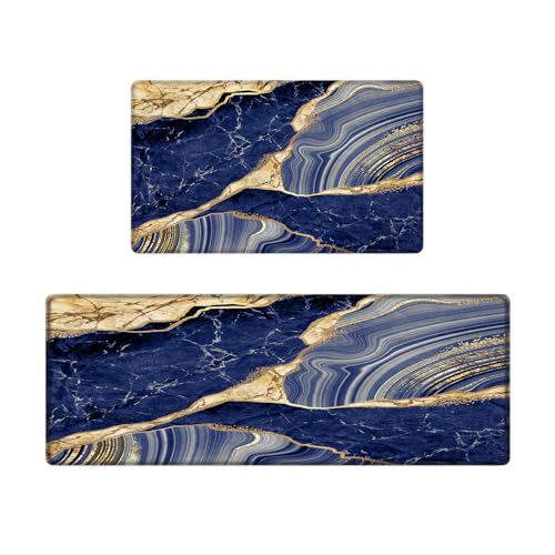Kitchen Mats Set of 2, Cushioned Anti Fatigue Non Slip Waterproof Runner, Blue Marble and Golden Veins Design, PVC Memory Foam for Kitchen Sink and Laundry - color: Blue Marble 1