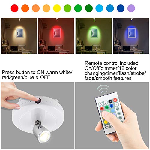 LUXSWAY Battery Operated LED Spotlights Indoor,Accent Lights with Dimmable,12 Color Changing Puck Light with 2 Remote,Closet Light with Rotatable Lighting Head,Stick on Dart Board Lighting - color: White+Silver Head-2Pack