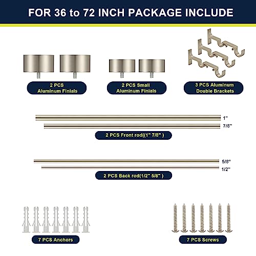Double Curtain Rods for Windows 36-72 Inches, 1'' Front and 5/8''Back Double Drapery Rods with Premium Aluminum Brackets and End Cap Finials, Adjustable Brushed Nickel Double Window Curtain Rod - color: Brushed Nickel, size: 36-72"