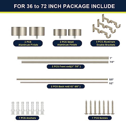 Double Curtain Rods for Windows 36-72 Inches, 1'' Front and 5/8''Back Double Drapery Rods with Premium Aluminum Brackets and End Cap Finials, Adjustable Brushed Nickel Double Window Curtain Rod - color: Brushed Nickel, size: 36-72"
