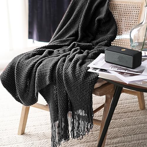 LOMAO Knitted Throw Blanket with Tassels Bubble Textured Lightweight Throws for Couch Cover Home Decor (Black, 60x90) - color: Black, size: 60x90"