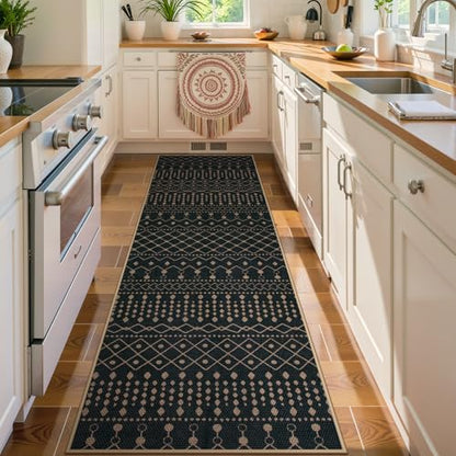 Lahome Moroccan Easy Jute Washable Runner Rug, 2x8 Black Kitchen Runner - color: Black Geometric Tribal, size: 2'6" x 8' (Runner)