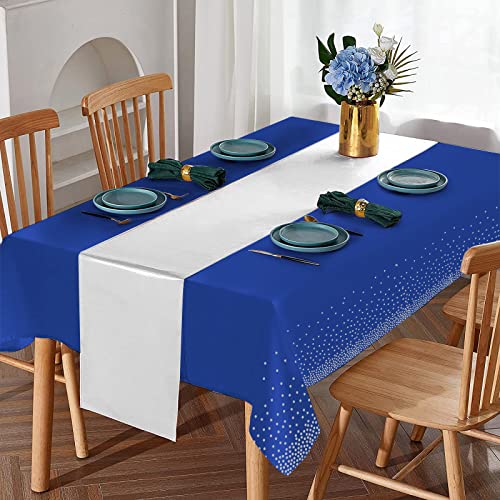 8Pack Disposable Plastic Tablecloths and Satin Table Runner Set Blue and Silver Dot Tablecloth Silver Satin Table Runner for Wedding Birthday Baby Shower Anniversary Christmas New Year Party Supplies - color: Blue and Silver, size: 8 Pack