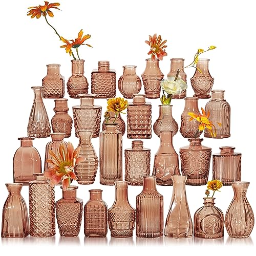 Glass Bud Vase Set of 32 Pcs, Small Glass Vases for Flowers - color: Amber