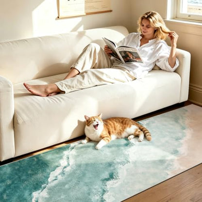 Beach Pattern 2.6x8ft Runner Rug Non Slip Washable Kitchen Runner Rug with Rubber Backing，Low-Pile Soft Washable Runner Rugs for Hallway Entryway Kitchen Bedroom Living Room Bathroom，Teal - color: Teal Beach, size: 2'6" x 8' (Rug)