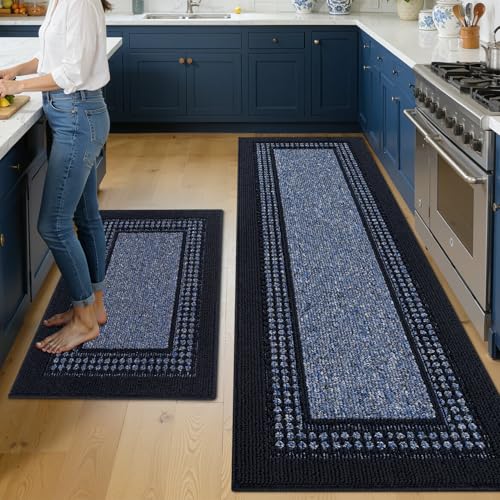 hicorfe Kitchen Runner Rugs,Set of 2 Non Slip Kitchen Mats for Floor - color: Navy Blue, size: 21"x59"+20"x32"