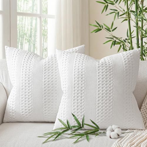 a moment 2 Pack Bamboo Fiber Pillow Covers - Waffle Weave, Ultra Soft & Breathable, Skin-Friendly Cotton Throw Pillow for Couch, Sofa, Bedroom Living Room 20x20 Inch White - color: White, size: 20" x 20" (Pack of 2)