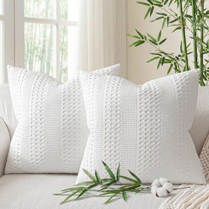 a moment 2 Pack Bamboo Fiber Pillow Covers - Waffle Weave, Ultra Soft & Breathable, Skin-Friendly Cotton Throw Pillow for Couch, Sofa, Bedroom Living Room 18x18 Inch White - color: White, size: 18" x 18" (Pack of 2)