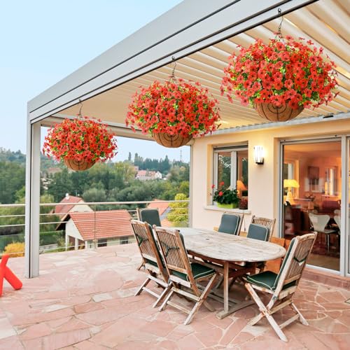 Artificial Hanging Flowers Basket for Outdoor, UV Resistant Plants Daisy - color: Red