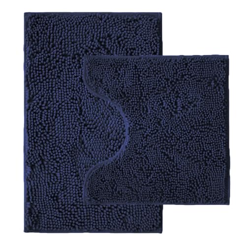 Bathroom Rugs Sets 2 Piece,Super Absorbent Chenille Bath Mats and U-Shaped Toilet Rug,Strong PVC Non Slip Backing,Microfiber Washable Dry Quickly Bath Mats for Bathroom(20"x32"+20"x20"U,Navy Blue) - color: Navy Blue