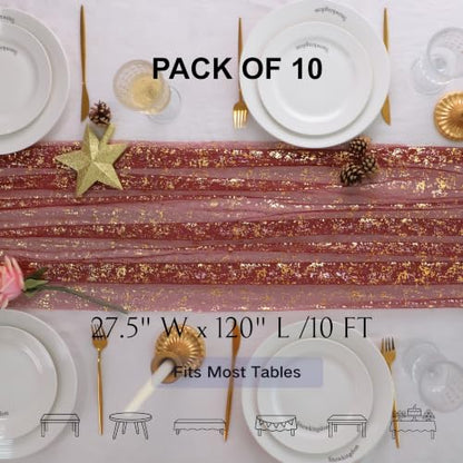 Snowkingdom 10Pcs 10Ft Burgundy Gold Gauze Sheer Table Runner - color: Burgundy Gold, size: 10FT/10Pcs