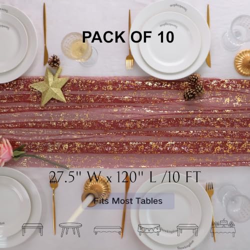 Snowkingdom 10Pcs 10Ft Burgundy Gold Gauze Sheer Table Runner - color: Burgundy Gold, size: 10FT/10Pcs