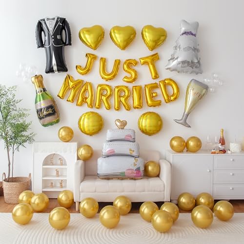 "Just Married" Gold Foil Balloon Set, Luxury Wedding Decorations with Champagne & Cake Balloons, Gold Heart Balloons for Wedding Reception, Bridal Shower, Anniversary Party (Love Kit 3) - color: Love Kit 3
