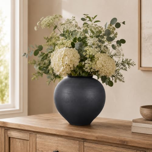 Black Ceramic Vase, 9in Matte Round Pottery Vase, Large Black Flower Vase for Tabletop, Coffee Table, Entryway, Living Room, Wide Mouth Vase for Pampas Grass, Dried Flowers, Rustic Farmhouse Decor - color: Black and Brown, size: 9in