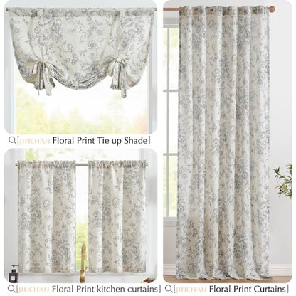 jinchan Grey Floral Linen Kitchen Tier Curtains and Valance Set 3 Pieces - color: Alice | Grey on Linen, size: 26"W x 24"L (Pack of 3)