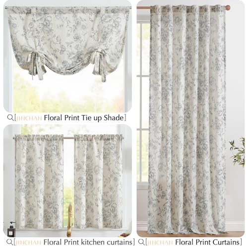 jinchan Grey Floral Linen Kitchen Tier Curtains and Valance Set 3 Pieces - color: Alice | Grey on Linen, size: 26"W x 36"L (Pack of 3)