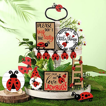 Jetec 12 Pcs Red Ladybug Tiered Tray Decor Set Spring Summer Wood Sign Rustic Farmhouse Decor Ladybird Tiered Decorative Trays Signs for Home Kitchen Decorations (Ladybug) - style: Ladybug