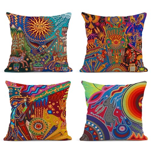 Sanwarm Linen Throw Pillow Covers Set of 4, 16 x 16 Inch, Ethnic Leaf - color: Mexico Boho, size: 16" x 16" (Pack of 4)