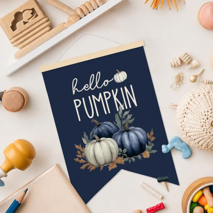 LARNDUMAMA Blue Fall Pumpkins Wall Art Canvas Banner Poster for Bathroom - color: blue