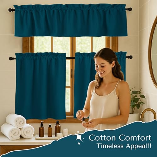 Native Fab 3 Piece Window Curtain Tiers 26"x36" and Valance 54"x18" Set - Rod Pocket - Semi Sheer - Short Curtain for Kitchen, Cafe, Living Room - Teal Green - color: Teal