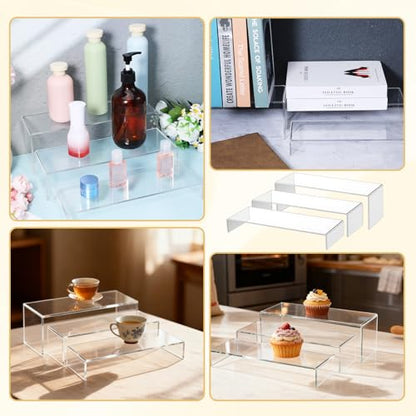 6 Pack Large Acrylic Display Risers, 12" Large Risers Displays Stands, Collectibles Display Shelf, Perfume Organizer Stand, Clear Rectangular Stands for Showcase, Collectibles, Cupcake, Dessert, 3 Sizes