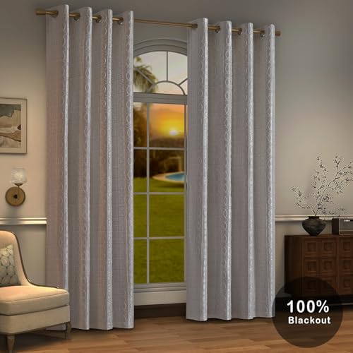 Cream and Silvery 100% Blackout Curtains 96 Inch Length 2 Panels, Jacquard Thermal Insulated Noise Reducing Grommet Drapes for Bedroom Living Room, 2pcs, 52" W x96 L - color: Cream and Silvery, size: 52"W x 96"L (Pack of 2)
