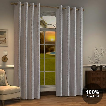 Cream and Silvery 100% Blackout Curtains 96 Inch Length 2 Panels, Jacquard Thermal Insulated Noise Reducing Grommet Drapes for Bedroom Living Room, 2pcs, 52" W x96 L - color: Cream and Silvery, size: 52"W x 96"L (Pack of 2)