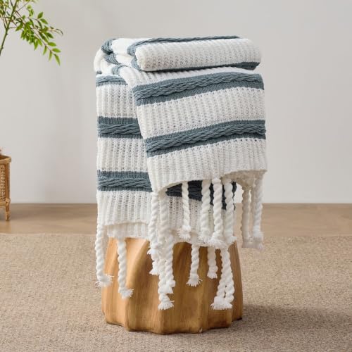 Boho Knitted Chenille Blanket with Tassels - Lightweight & Soft All-Season Throw - 3D Classic Pattern for Living Room Bedroom Couch, Celestial Blue(Striped), Queen 90"x90" - color: Celestial Blue(striped), size: Queen