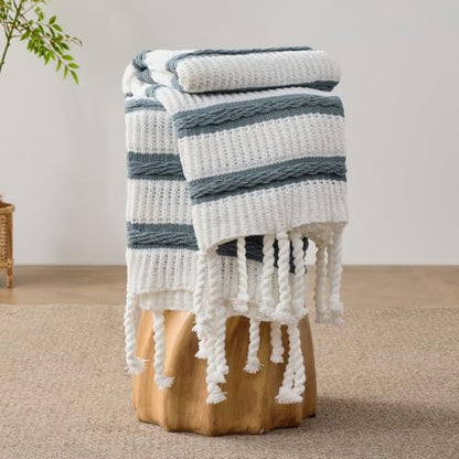 Boho Knitted Chenille Blanket with Tassels - Lightweight & Soft All-Season Throw - 3D Classic Pattern for Living Room Bedroom Couch, Celestial Blue(Striped), Twin 60"x80" - color: Celestial Blue(striped), size: Twin
