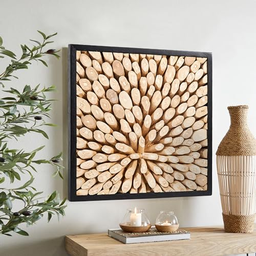 Greenage Reclaimed Teak Wood Wall Decor 17"x17" Farmhouse Branch Pattern Square Wall Art Rustic Wooden Wall Hanging Decoration Frame Wall Panel Shape for Home Living Room Bedroom - color: Natural-3, size: 17"L x 17"W