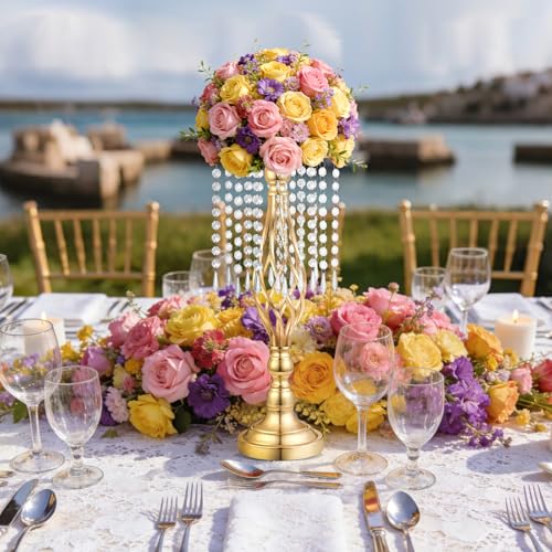 Gold Crystal Tall Vase Centerpiece Stand, Elegant Gold Flower Holder for Wedding Table Centerpieces, Perfect Wedding Reception Table Decor, Bases para Centros de Mesa, Centros de Mesa(12Pack) - size: 12Pack