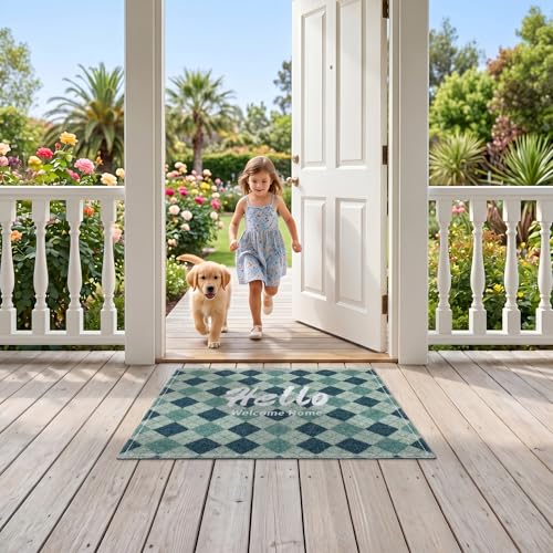 Green Plaid Washable Door Mat 20x30 Inch - color: Green Diamond Pattern