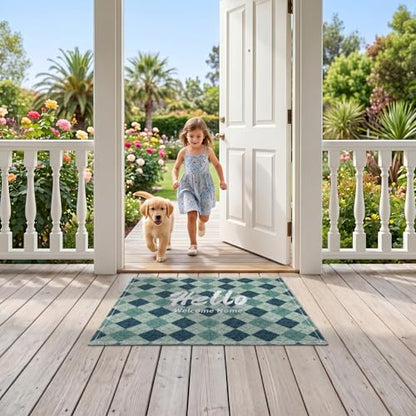 Green Plaid Washable Door Mat 20x30 Inch - color: Green Diamond Pattern