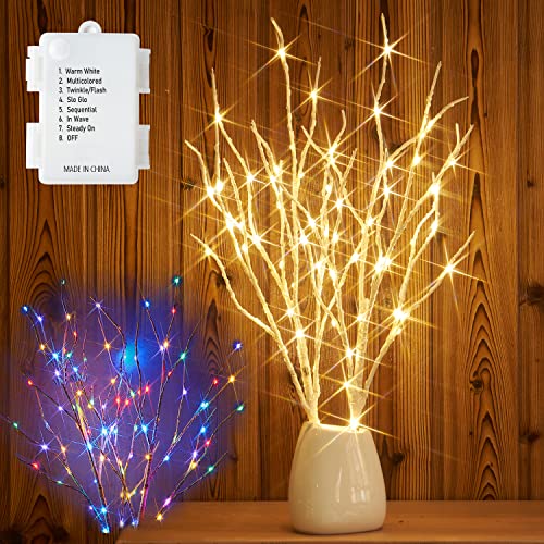 Fudios Lighted Birch Branches with 70 Multicolor LED Fairy Lights 18in Battery Operated, Lit White Twig Branches Color Changing Lights for Christmas Party Decoration - color: White Branches with Warm White and Colorful Lights (No Timer)