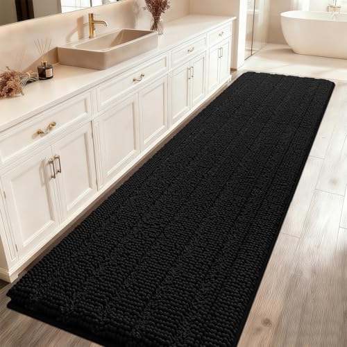ACCUMTEK Striped Black Bathroom Rug Mat 48"x17" Ultra Soft, Non Slip Chenille Bath Rugs, Absorbent Plush Shaggy Bath Mats for Bathroom, Bedroom, Kitchen, Shower, Tub - color: Black, size: 1'5" x 3'11" (Runner)