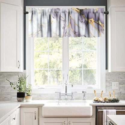 Luxury Pink Kitchen Valance, Abstract Purple White Gold Marble Lines Texture Print Blackout Short Window Curtain Treatment for Cafe Girls Bedroom Living Room, 54x18inch - color: Marble-17