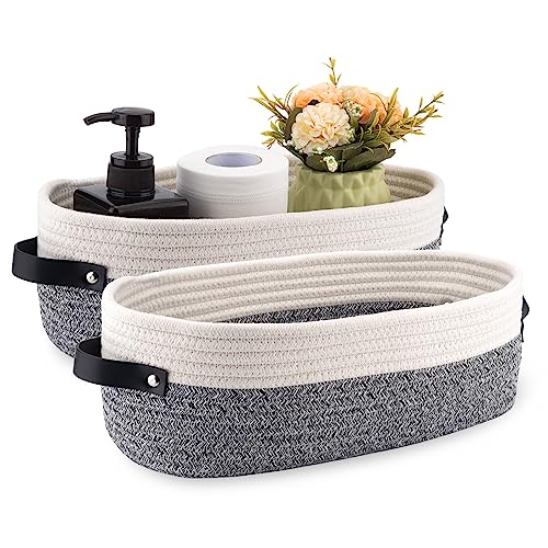 2 Pack Small Cotton Rope Woven Basket Toilet Paper Baskets for Organizing Decorative Basket for Boho Decor Small Storage Basket 13"x5.9"x4" Variegated Gray&White - color: 2 pack Variegated Gray