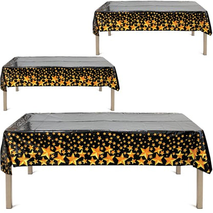 BASHOUT New Year's Eve Party Plastic Tablecloth | 3 Pcs Pack (54” Wide x 108” Long) | Black Rectangular Table Cover with Gold Stars | Anniversary, Graduation Table Decorations | New Years Eve Decor