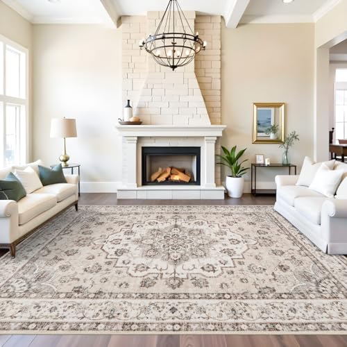 Washable 9x12 Large Area Rug: Non-Slip Stain Resistant Living Room Rugs Vintage Lightweight Durable Bedroom Carpet Soft Medallion Farmhouse Floor Mat for Dining Room Home Office 9x12 Beige/Cream - color: Cream Beige, size: 9' x 12' (Rectangular)