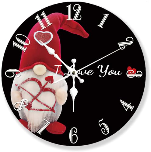 Red Black Silent Non Ticking Wall Clock 12 Inch, Battery Operated, Gnome with Love Black Round Wood Wall Clocks, Decorative for Living Room, Kitchen, Bedroom, Bathroom, Office,Gift of Love - color: Gnomes Red Heart "I Love You"