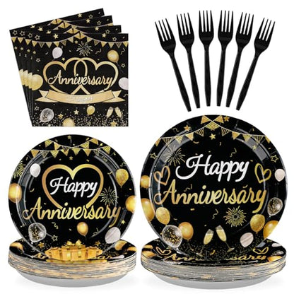 Greencian 96 Pcs Black and Gold Anniversary Party Decorations，Serves 24 - style: Happy Anniversary Kit