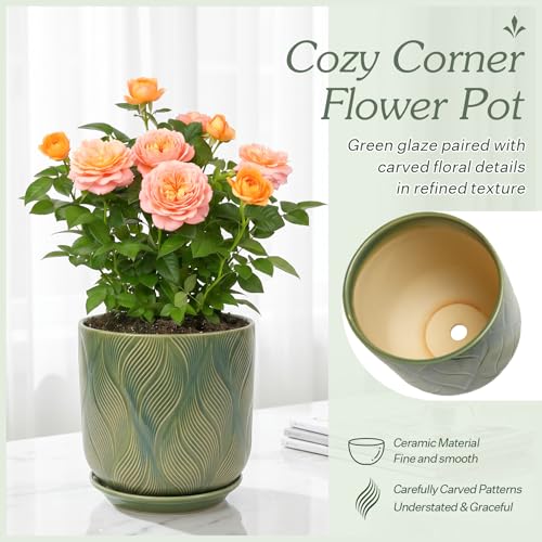 7.2 Inch Modern Ceramic Glaze Plant Pot with Drainage Hole,Mesh Net,Saucer,Indoor Outdoor Planter(Leaf-Green) - color: Leaf-green