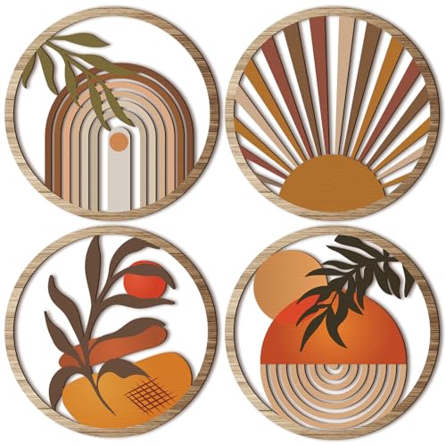 Qunclay 4 Pcs Boho Wall Art Bohemian Wood Round Circle Wall Decor Stylish - style: Stylish