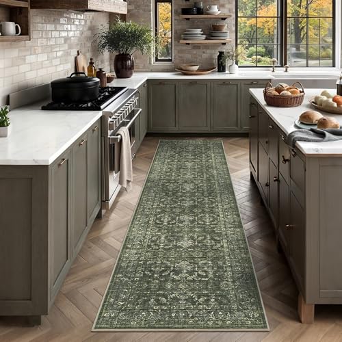 2x8 Washable Kitchen Runner Rug Non-Slip Boho Dark Green Throw Carpet - color: Dark Green, size: 2' x 8' (Runner)