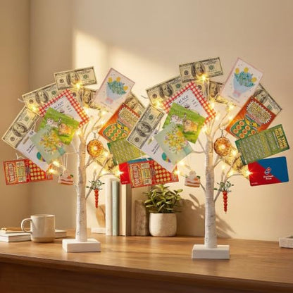 PEIDUO Set of 2 Money Trees, Lighted 22Inch 24LT White Birth Tree with Clips and Greeting Cards, Gift Card Holder for Birthday,Christmas, Wedding, Father's Day Graduation Gifts, Money Tree Gift Holder - color: Transparent,white