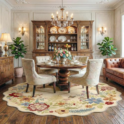 FMFUNCTEX 5ft Round Washable Beige Boho Scalloped Area Rug for Living Room - color: Beige, size: 5' (Round)