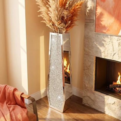 36" Extra Tall Double Sided Crushed Diamond Vases,Six Sided Three-Dimensional Diamond Vase,Extra Large Mirrored Silver Crystal Vase for Home,Office,Hotel(10.6" Lx5.37 W x 36" H) - size: Crushed Diamond:10.6"L X 5.37"W X 36"H