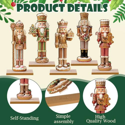 RattanView 5 Pcs Gingerbread Christmas Table Decorations Wooden Ginger Bread Nutcracker Decor Christmas Centerpiece Ginger Bread Village Xmas Nutcracker Tiered Tray Home Decor with Base for Party - style: Gingerbread Nutcracker