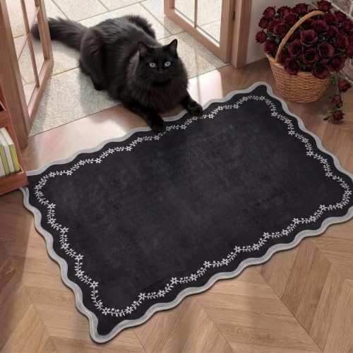 GarveeHome Scalloped Entryway Rug 2x3 Black Washable Front Door Entry Rug - color: Black, size: 2' x 3' (Rectangular)